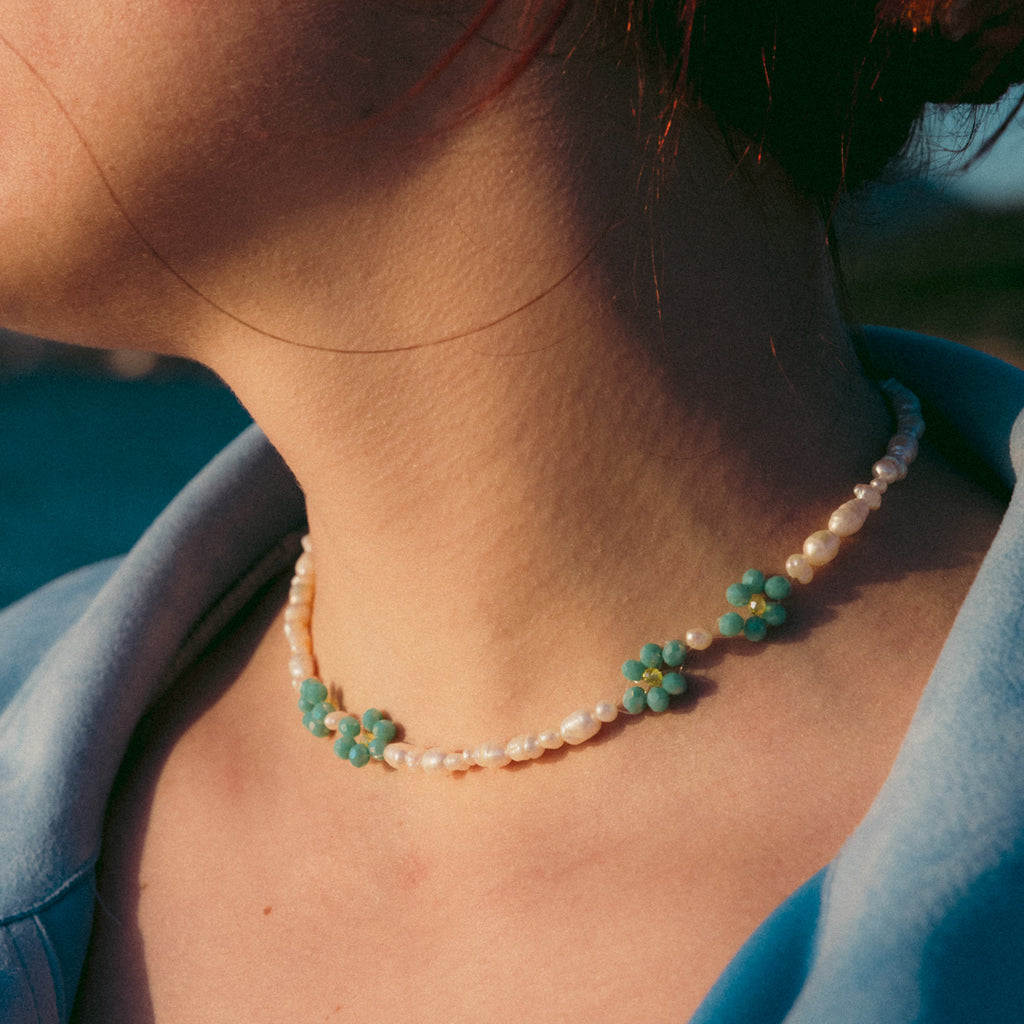 Handmade Jasmine pearl and turquoise flower necklace – Feminine Creatures