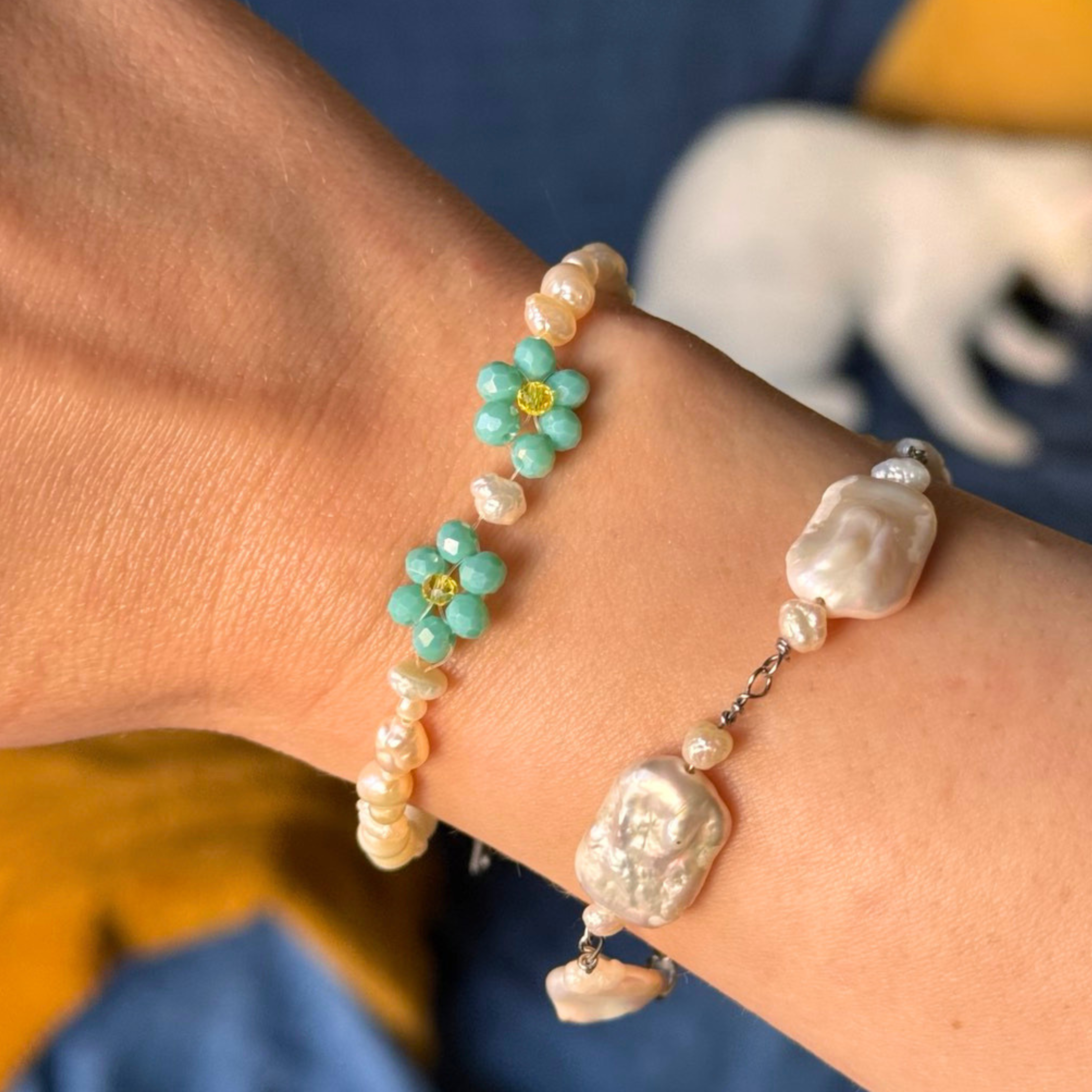 Handmade Jasmine pearl and turquoise flower bracelet – Feminine Creatures