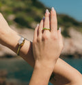 Pistachio Pearl ring with light green pearl band – Feminine Creatures